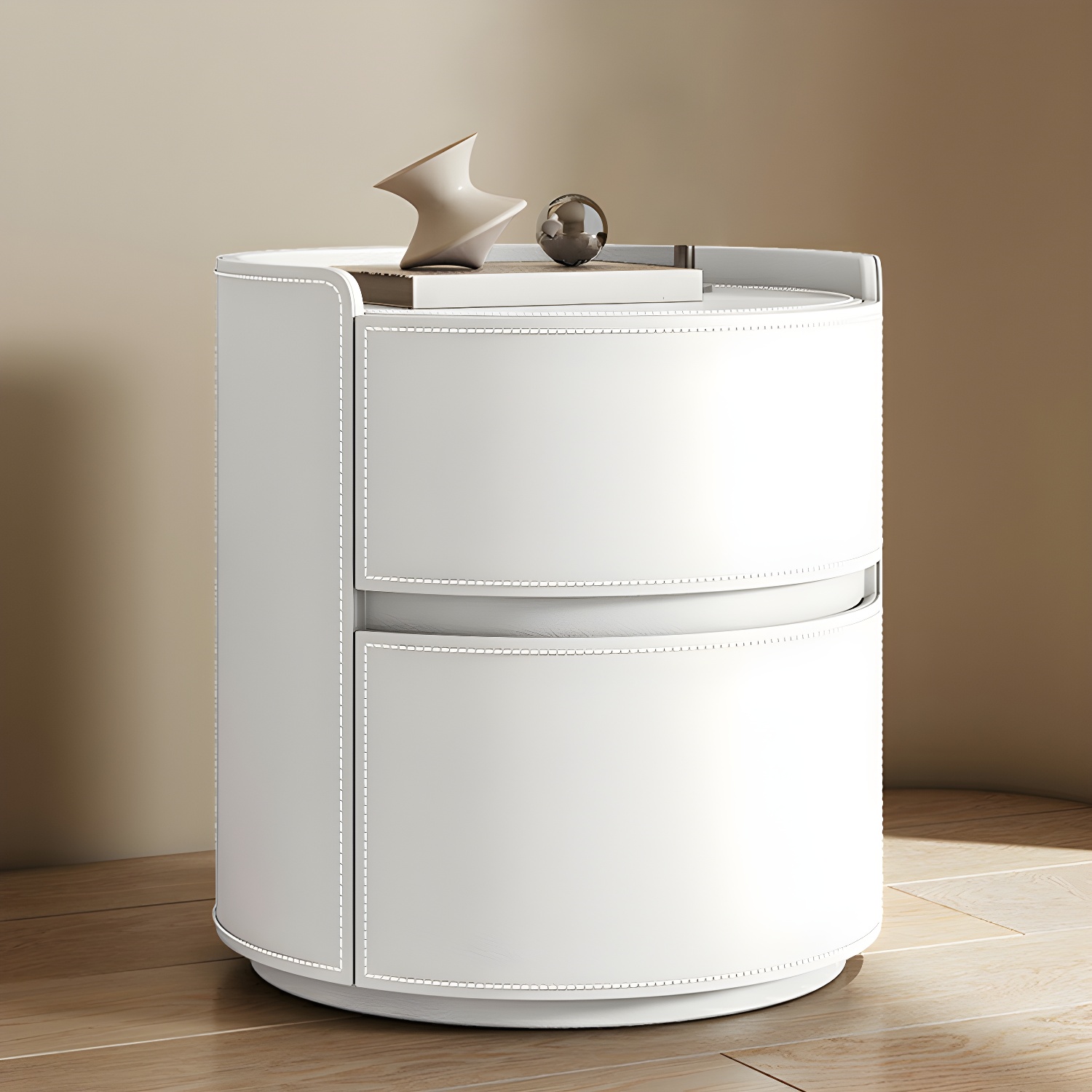 Modern Faux Leather Round Nightstand with 2 Drawers in Under 21 in. Narrow Size - image 11