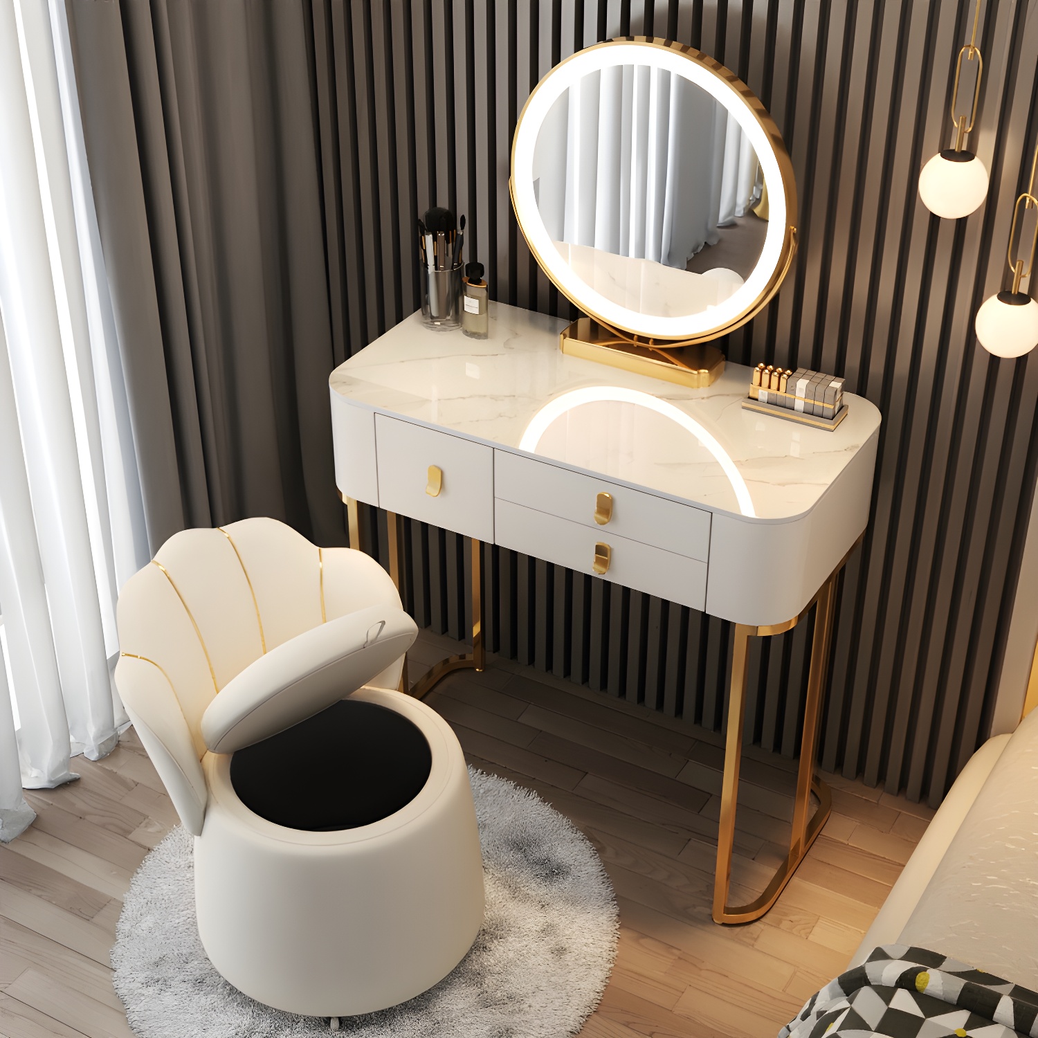 Luxurious Vanity Dressing Table Solid Wood Vanity Set with Stool and Mirror - image 15
