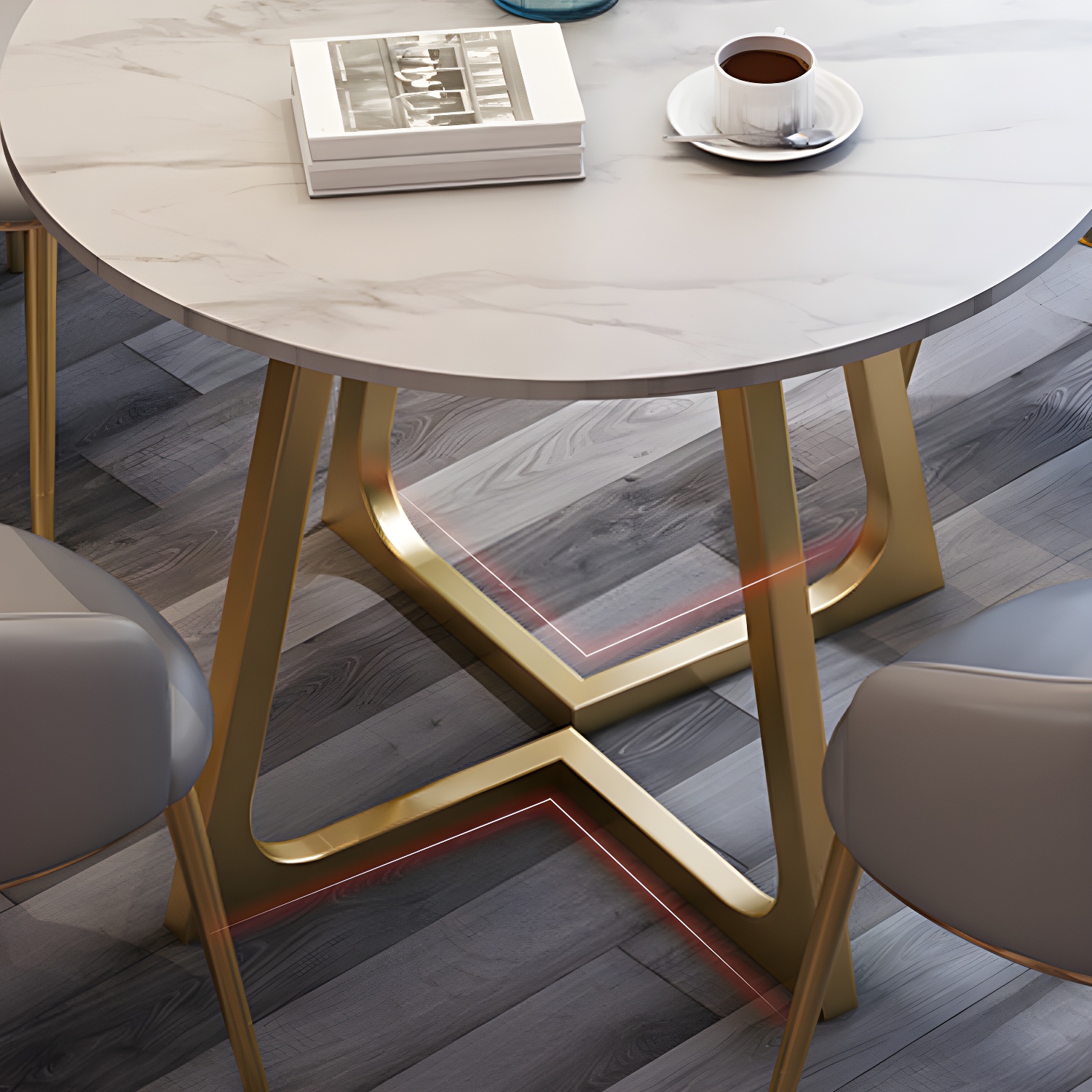 5-Piece Glam Dining Set Round White Table with Gold Metal Base and Upholstered Chairs - image 11