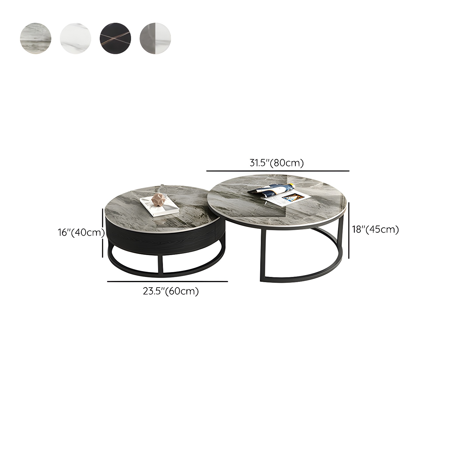 Set of 2 Round Stone Top Modern Nesting Tables with Black Metal Frames and Drawers Included - image 15