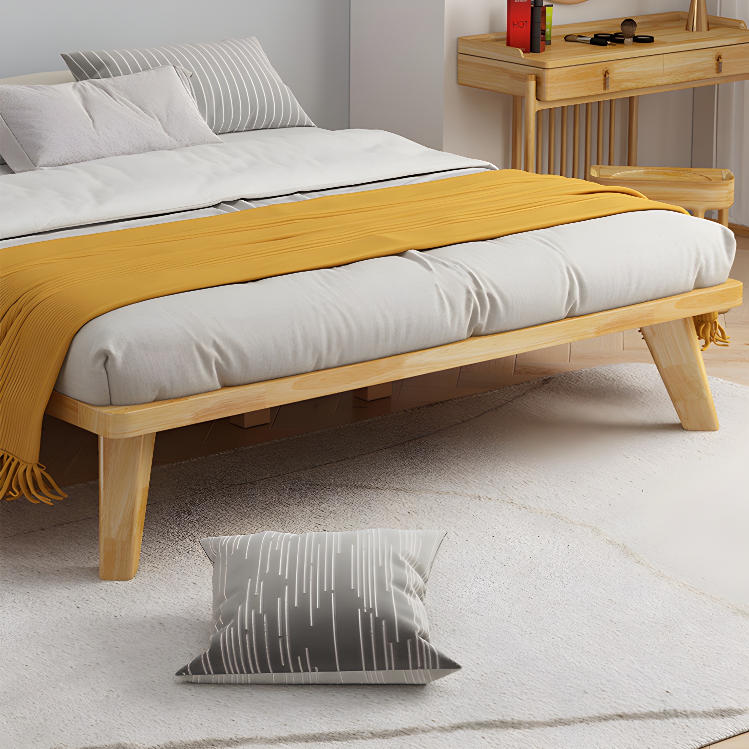 Natural Upholstered Wooden Bed Frame Nordic 13.39" H Platform Bed - image 6