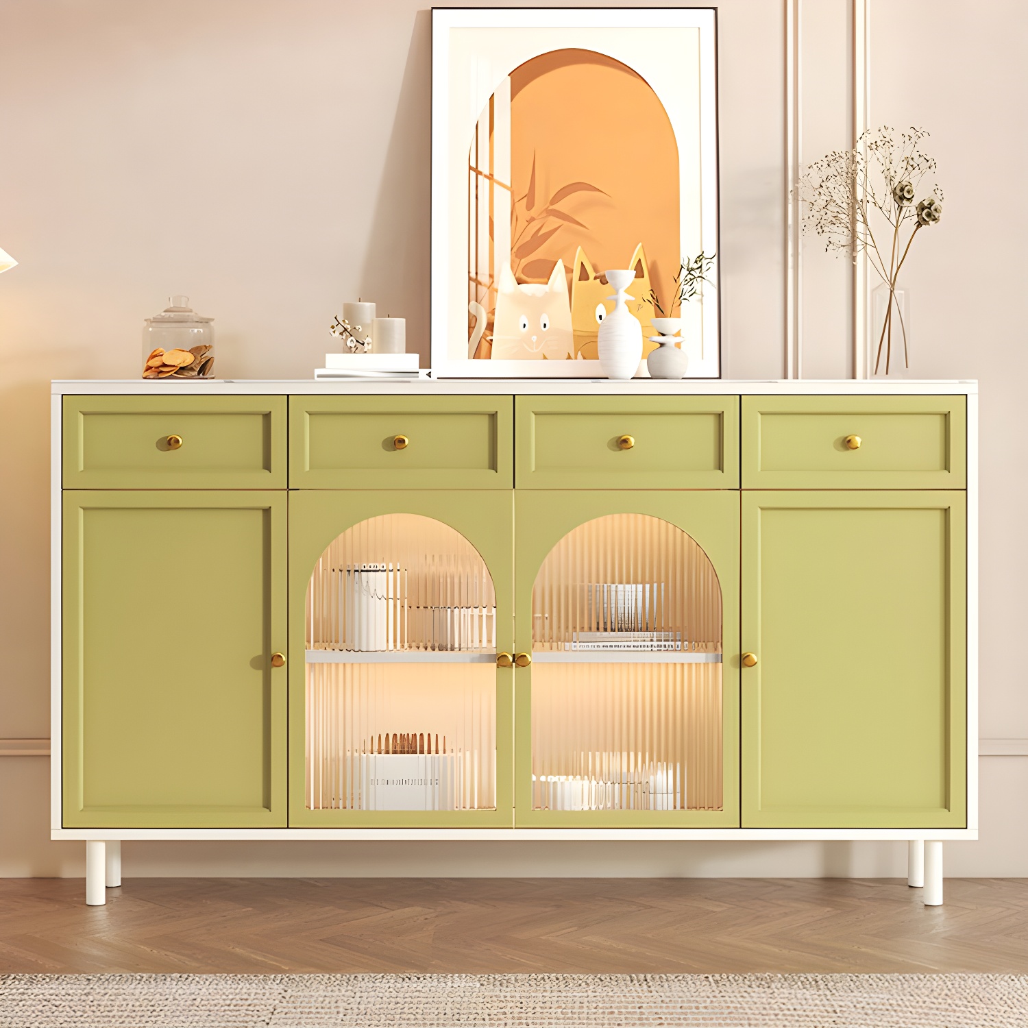 Scandinavian Wood Buffet Sideboard with Stone Countertop and Glass Doors - image 6
