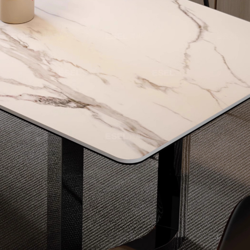 Dining Table Set with Slate Stone Top, Two-sided Pedestal, Padded Chair, Back, for 6 People/4 People in White - image 6