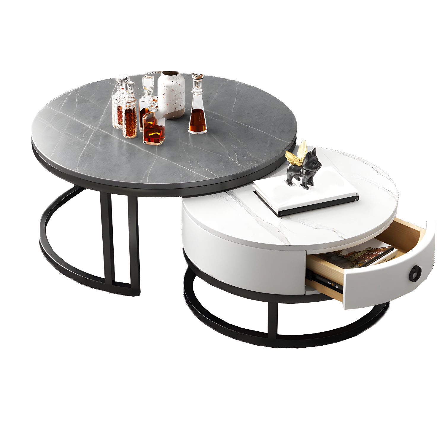 Modern Nesting Coffee Table Set Frame Round Coffee Table Set with Drawer - image 18