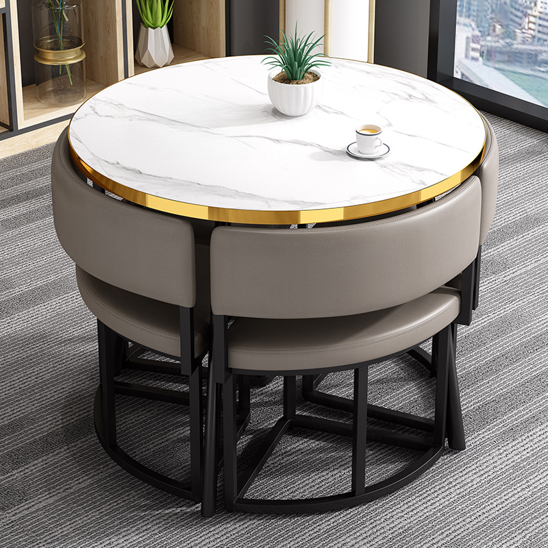 Art Deco Circular-shaped Upholstered Chair Metal & Faux Wood Dining Table Set with Upholstered Back in White, 5 Pieces - image 6