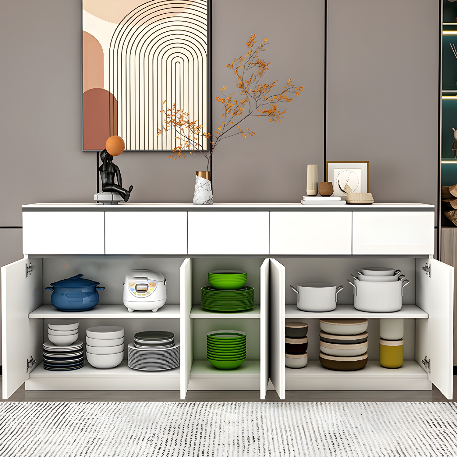 Modern Wood Sideboard Credenza with Drawers and Cabinets - Stone Countertop - image 16
