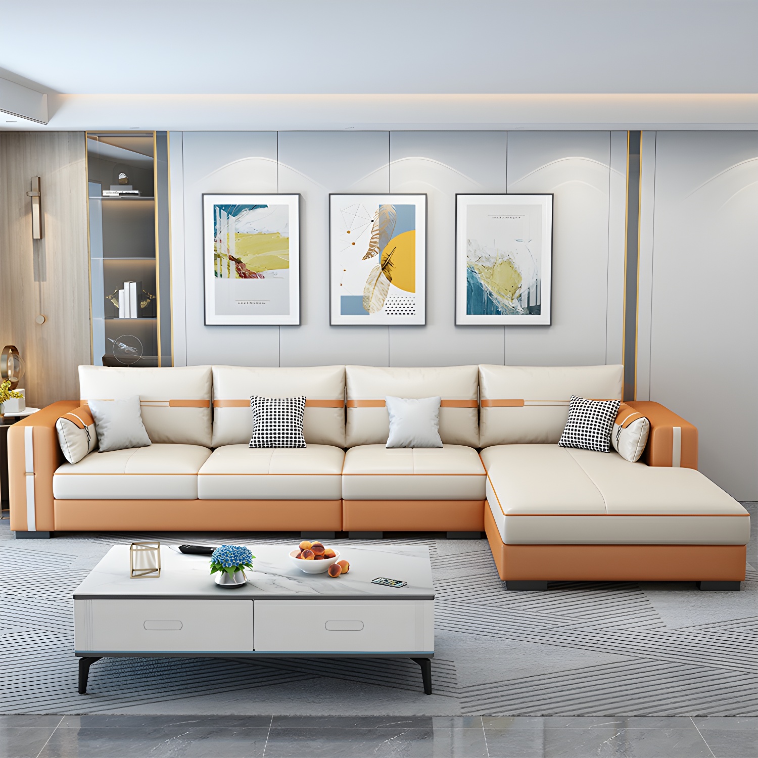 Scandinavian Wood Frame Beige Faux Leather Stationary Sectional Sofa with Cushion Back