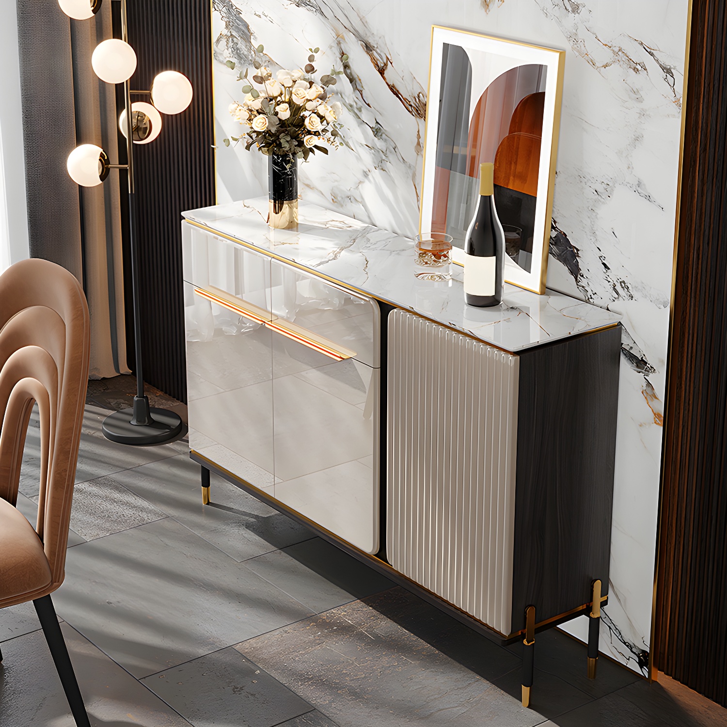 Stone Buffet Sideboard Glam Adjustable Shelves Buffet Credenza with Drawers and Cabinets - image 3