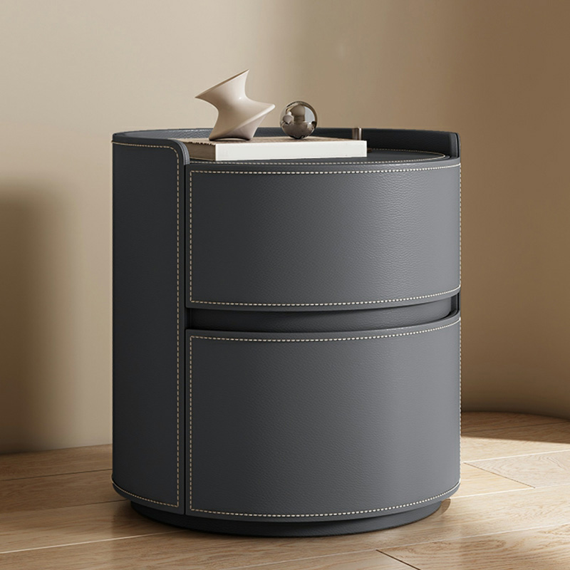 Modern Faux Leather Round Nightstand with 2 Drawers in Under 21 in. Narrow Size - image 3