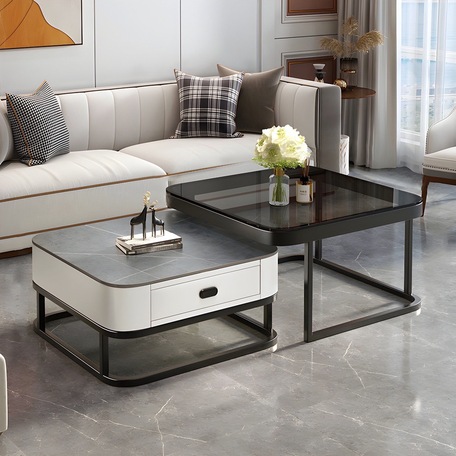 Modern Coffee Table Glass Top Square Nesting Coffee Table Set