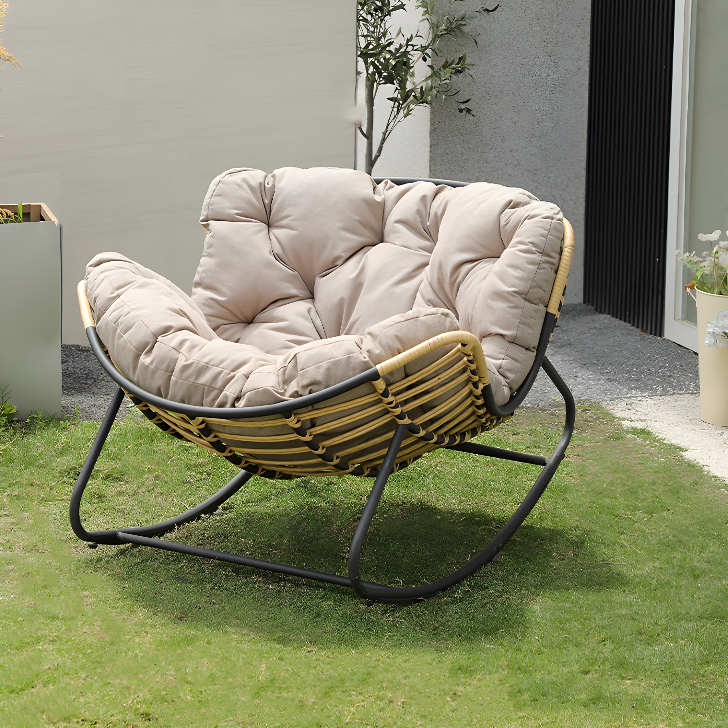 Modern Metal Upholstered Rocking Chair with Removable Back Cushion - Perfect Addition to Your Porch