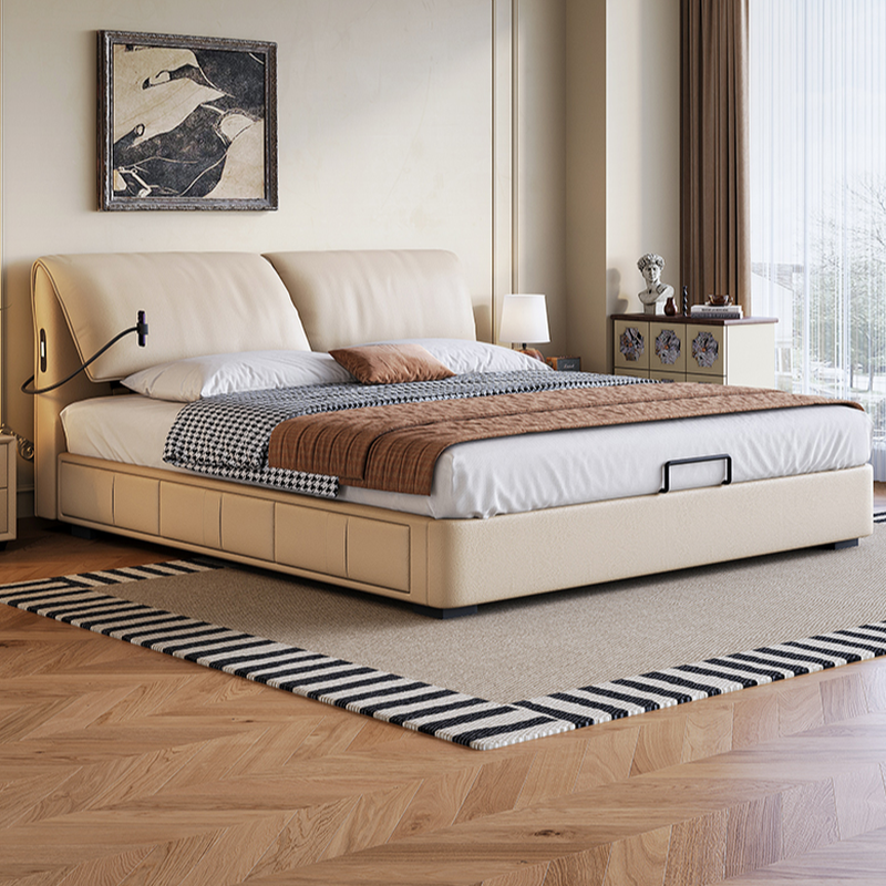 Beige Solid Color Storage Bed with 3 Storage Boxes, Sponge Upholstery, and Illumination Light