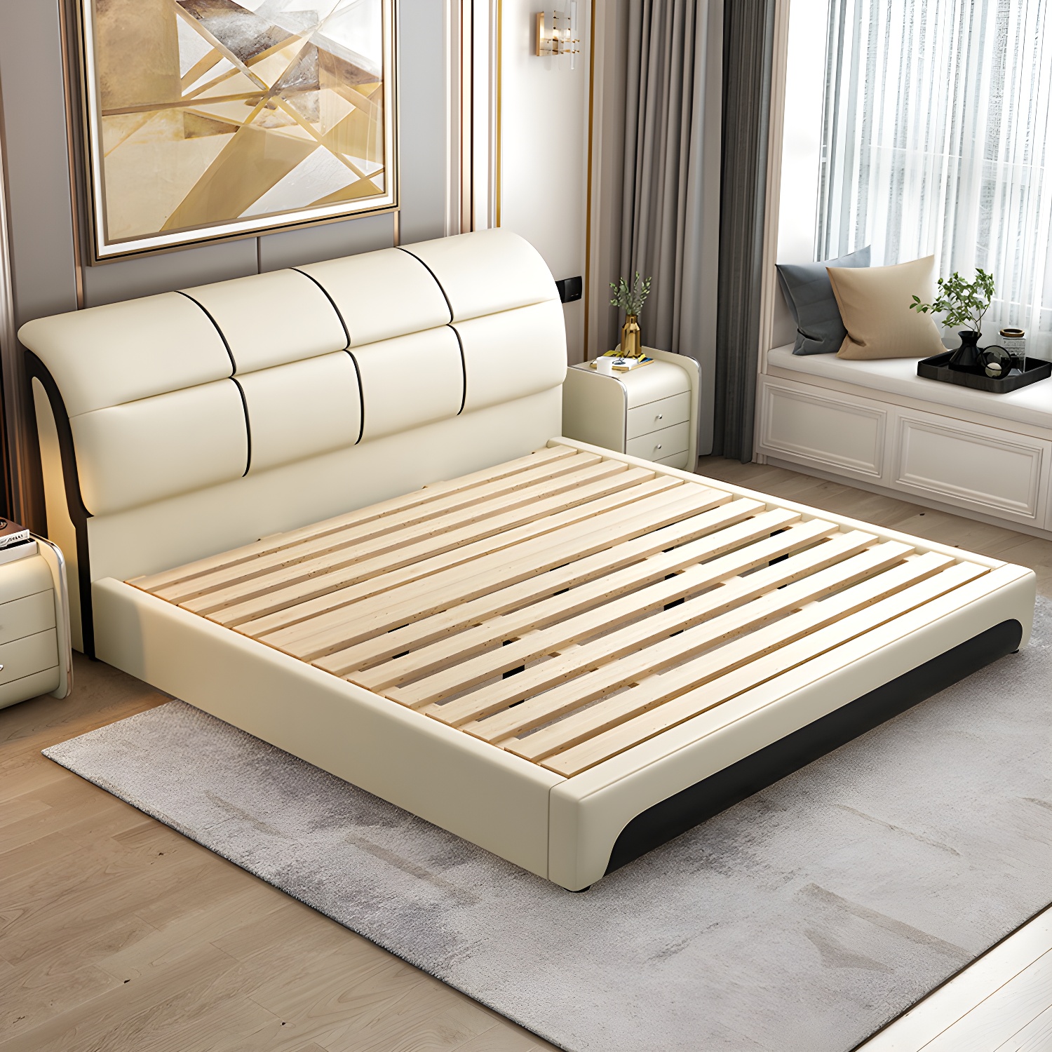 Glam Light Beige Bed Upholstered Wood Bed Frame with Headboard