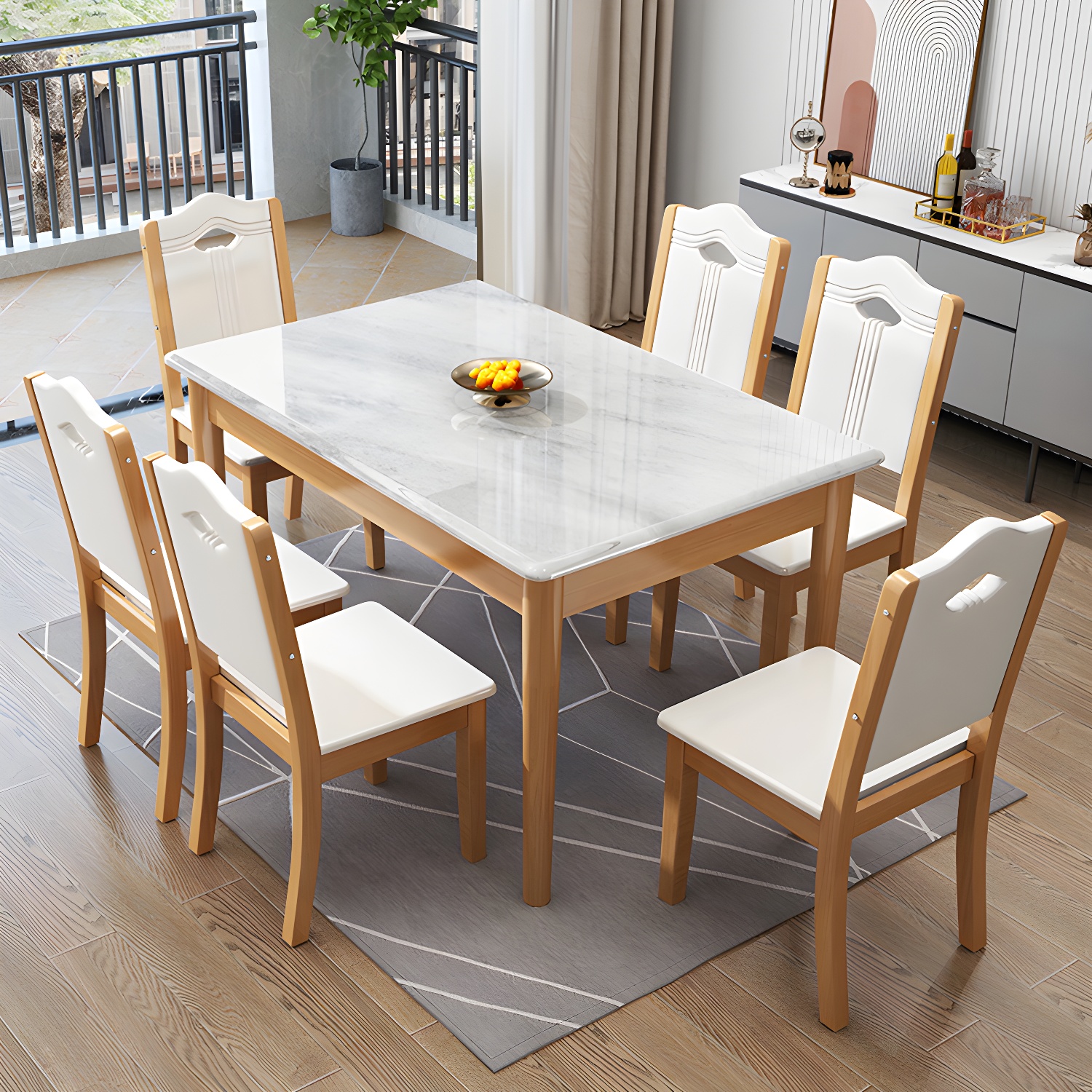 Modern White Marble Kitchen & Dining Room Set - Solid Wood Base, Faux Marble Top