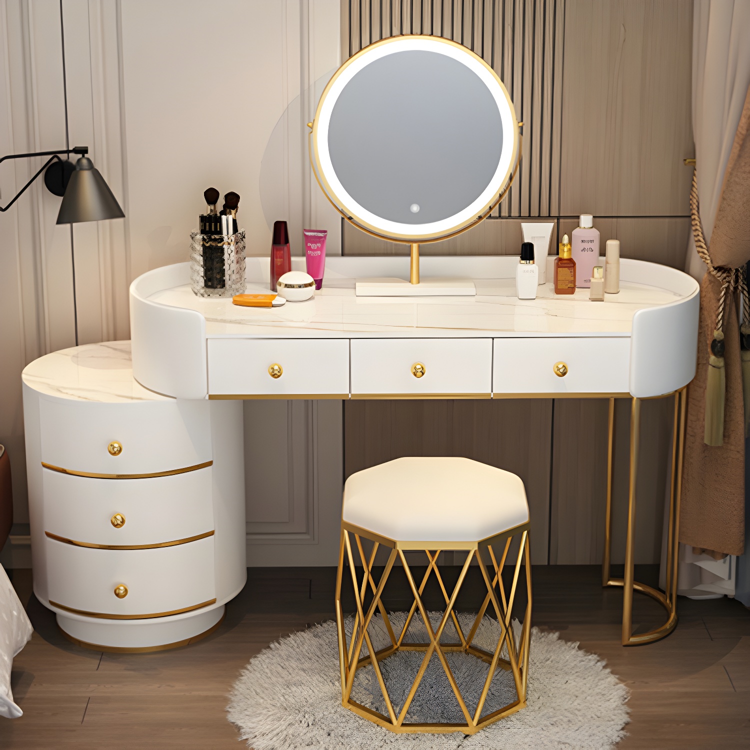 Lighted Mirror Makeup Counter Bedroom Makeup Vanity Desk Table with Drawer - image 7