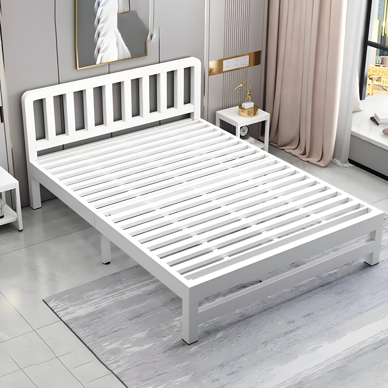 Contemporary Metal Bed Frame Solid Color Slat Bed with Custom Gold Legs - image 3