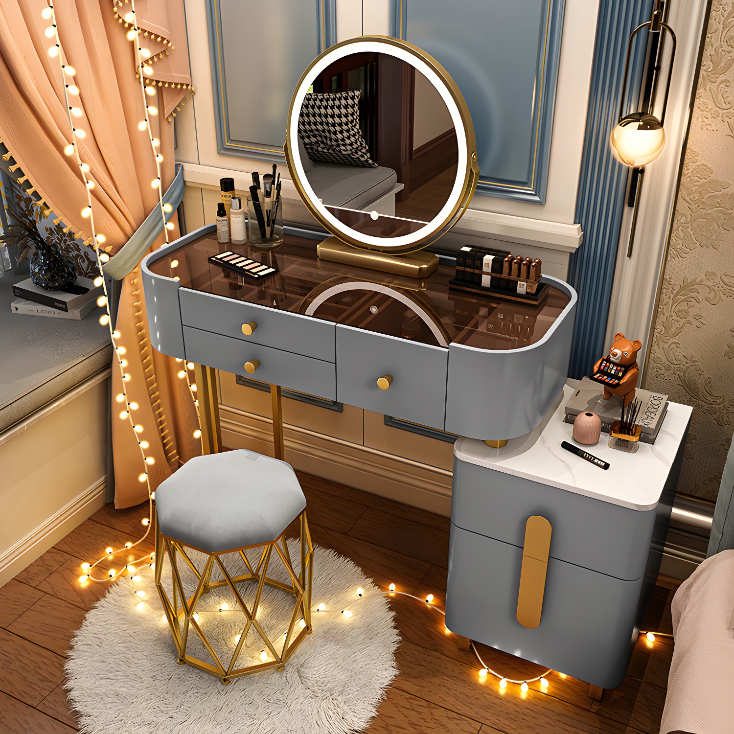 Modern Solid Wood Makeup Vanity Desk Bedroom Vanity Dressing Table Set