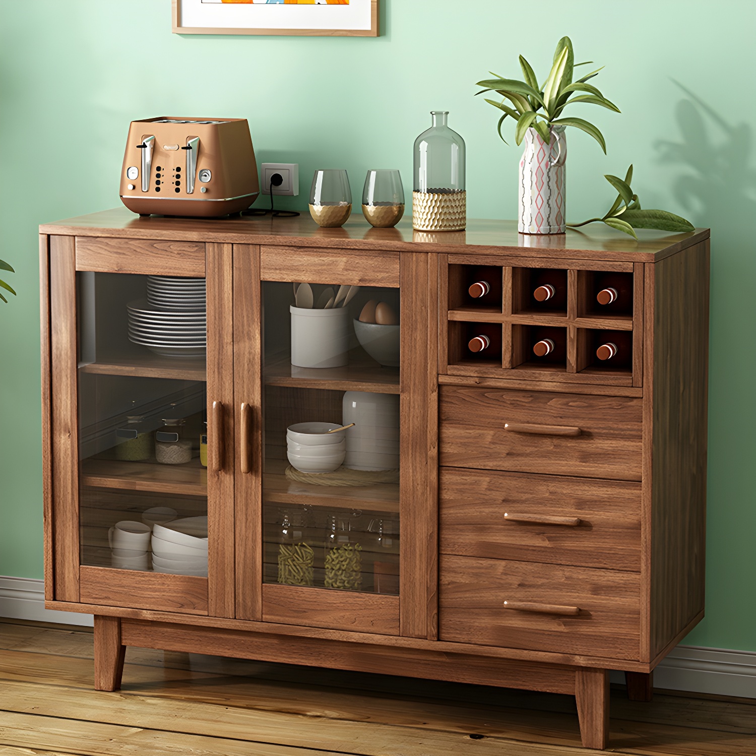 Modern Brown Wood Buffet Sideboard with Glass Doors and Drawers