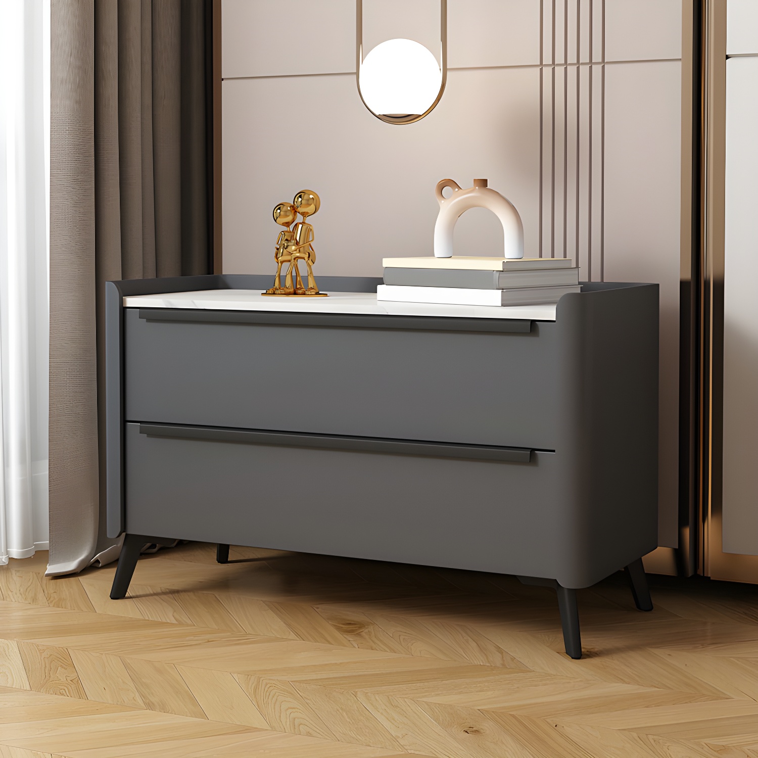 Modern Faux Leather Top Nightstand with Two Drawers and Stone Countertop