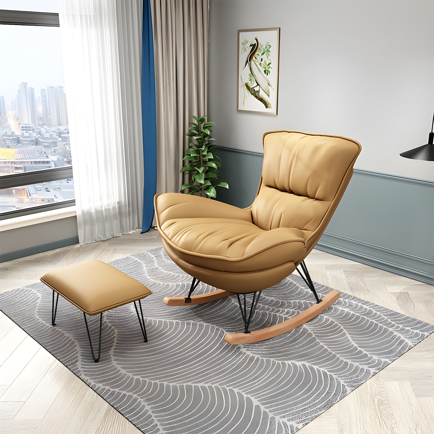 Modern Glider Chair Pure Color Metal Dark Legs Rocking Chair with Ottoman - image 5