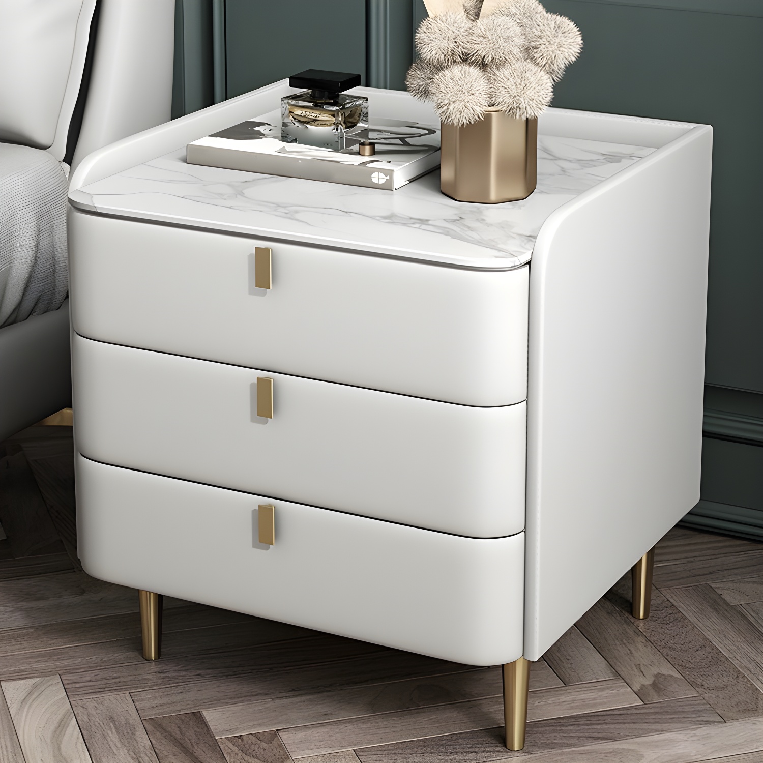 Stone Top Nightstand 3-drawer Leather Night Table with 4 Legs - image 8