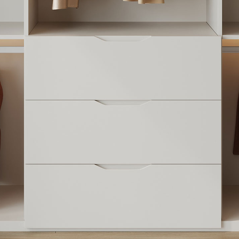 White Modish Laminate Wardrobe Armoire with 3-Drawer, Soft Close Door, Interior Shelves, and Hanging Rod