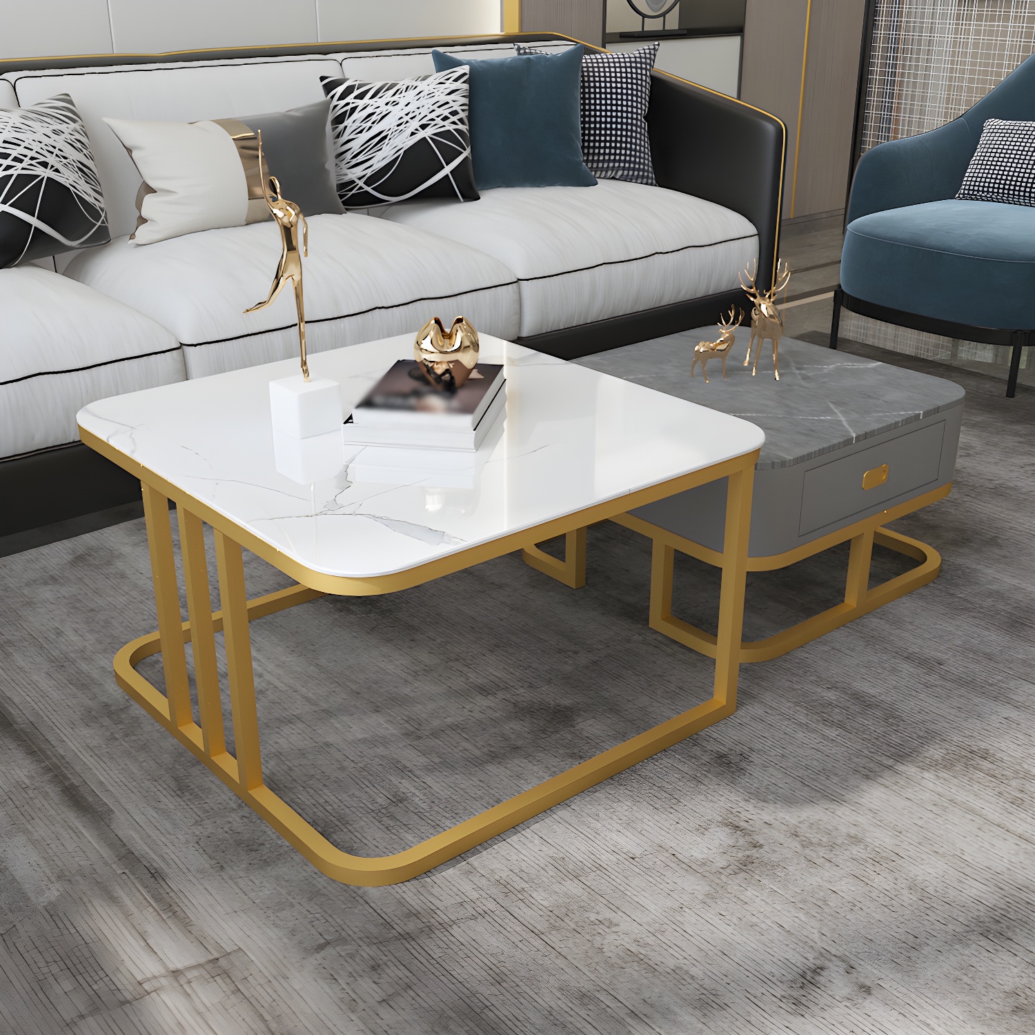 Round Slate/ Glass Coffee Table Frame 2 Nesting Cocktail Table with Storage - image 5