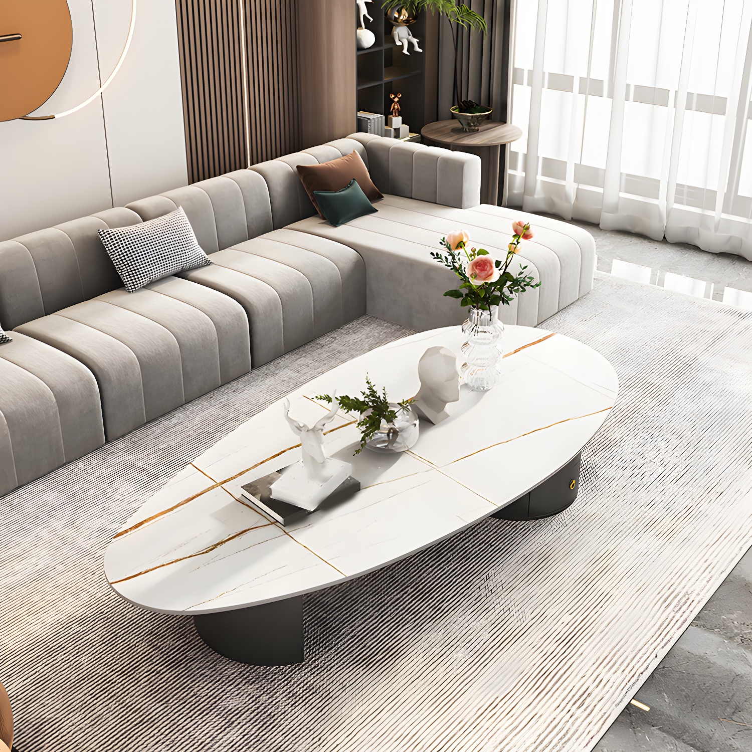 2 Legs Single Coffee Table Slate Oval Coffee Table with Storage