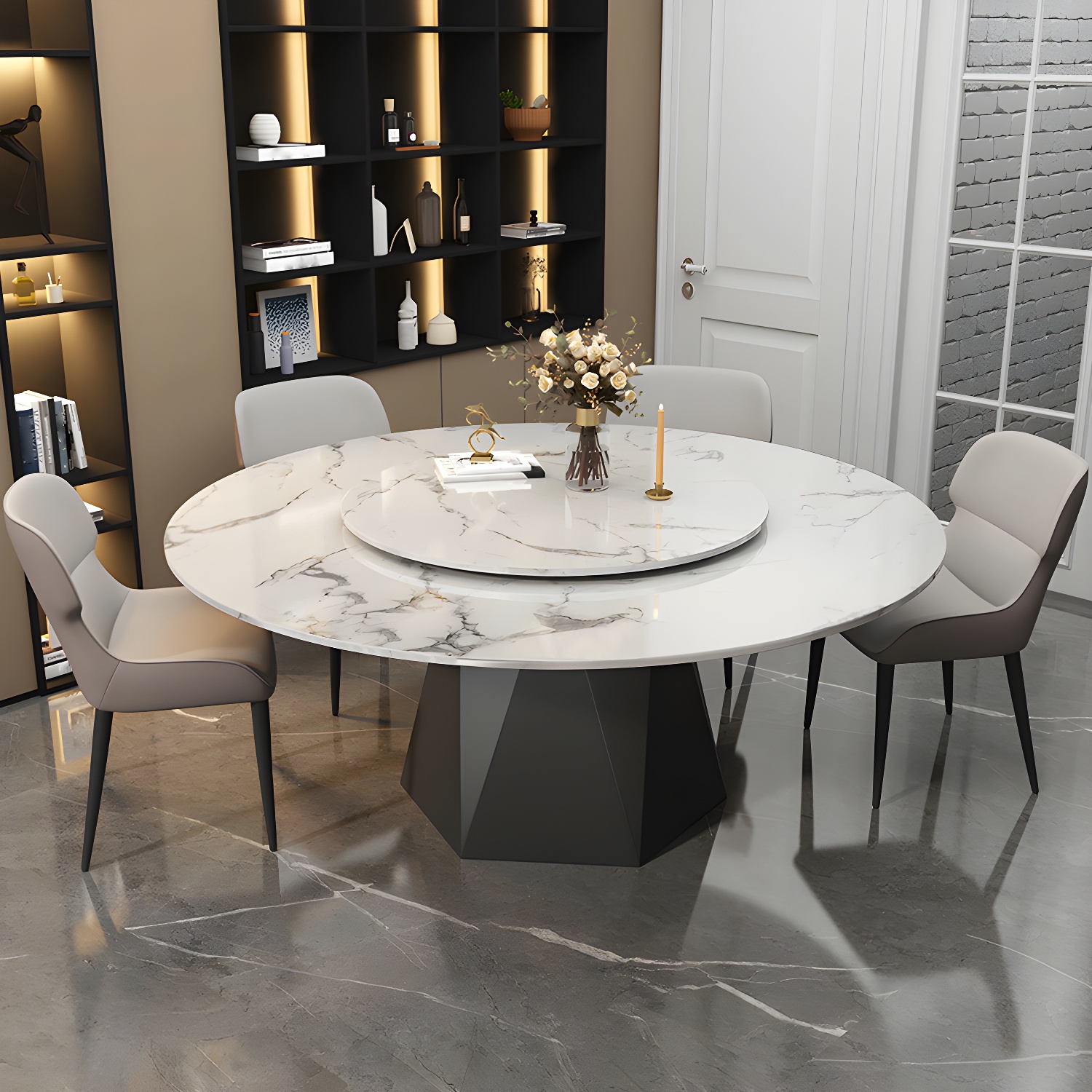 Round White Marble Modern Dining Table with Black Steel Pedestal Base and Convenient Lazy Susan