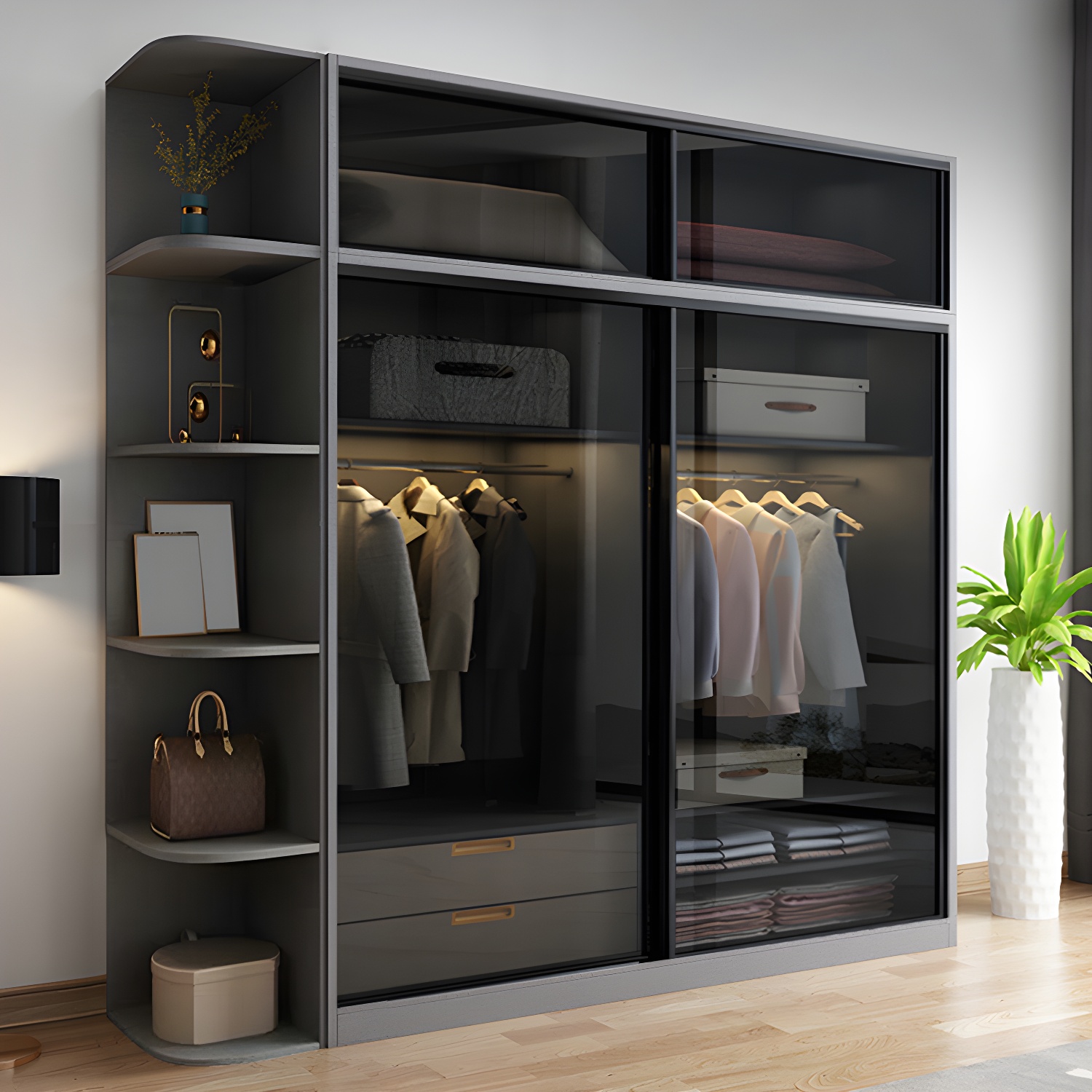 Contemporary Wood and Tempered Glass Wardrobe Freestanding Wardrobe Armoire without Light - image 3