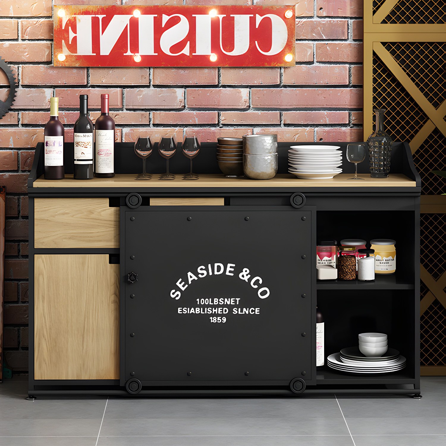 Modern Metal Sideboard with Wood Countertop, Cabinets, and Drawers - image 16