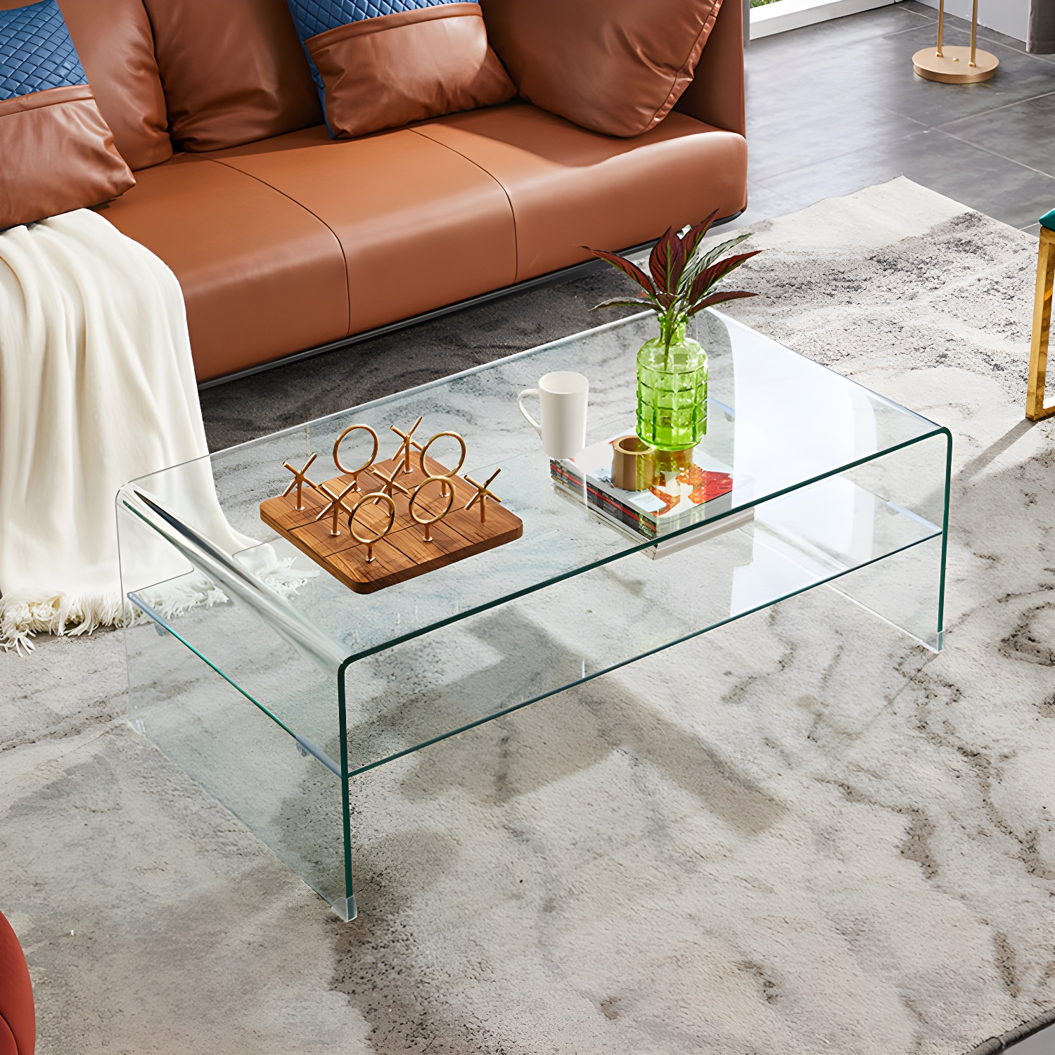 Modern Rectangle Glass Coffee Table Sled Base Cocktail Table with Shelf