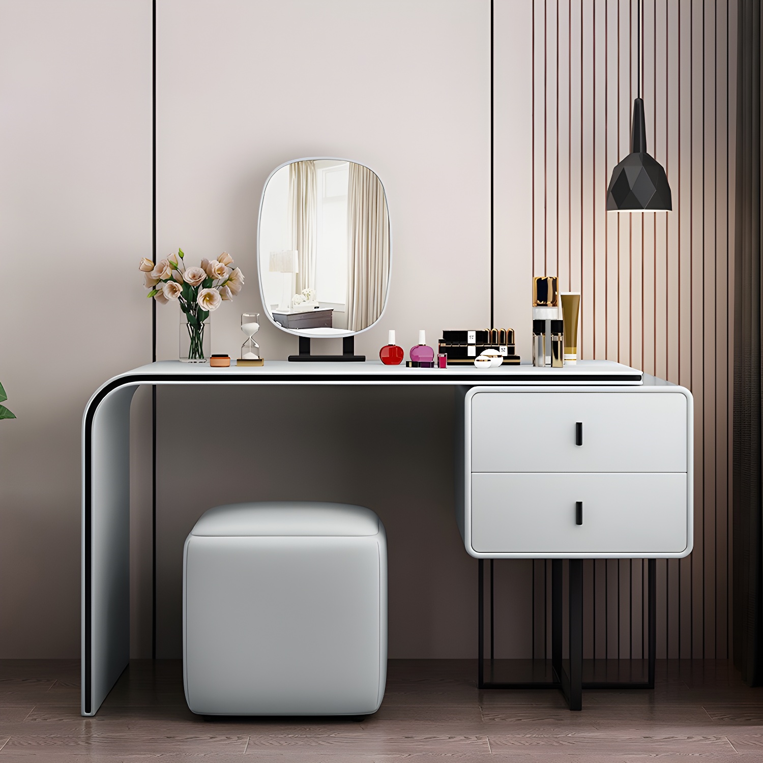 Glam Style 2-Drawer Solid Color Dressing Table Mirror Make-up Vanity - image 5