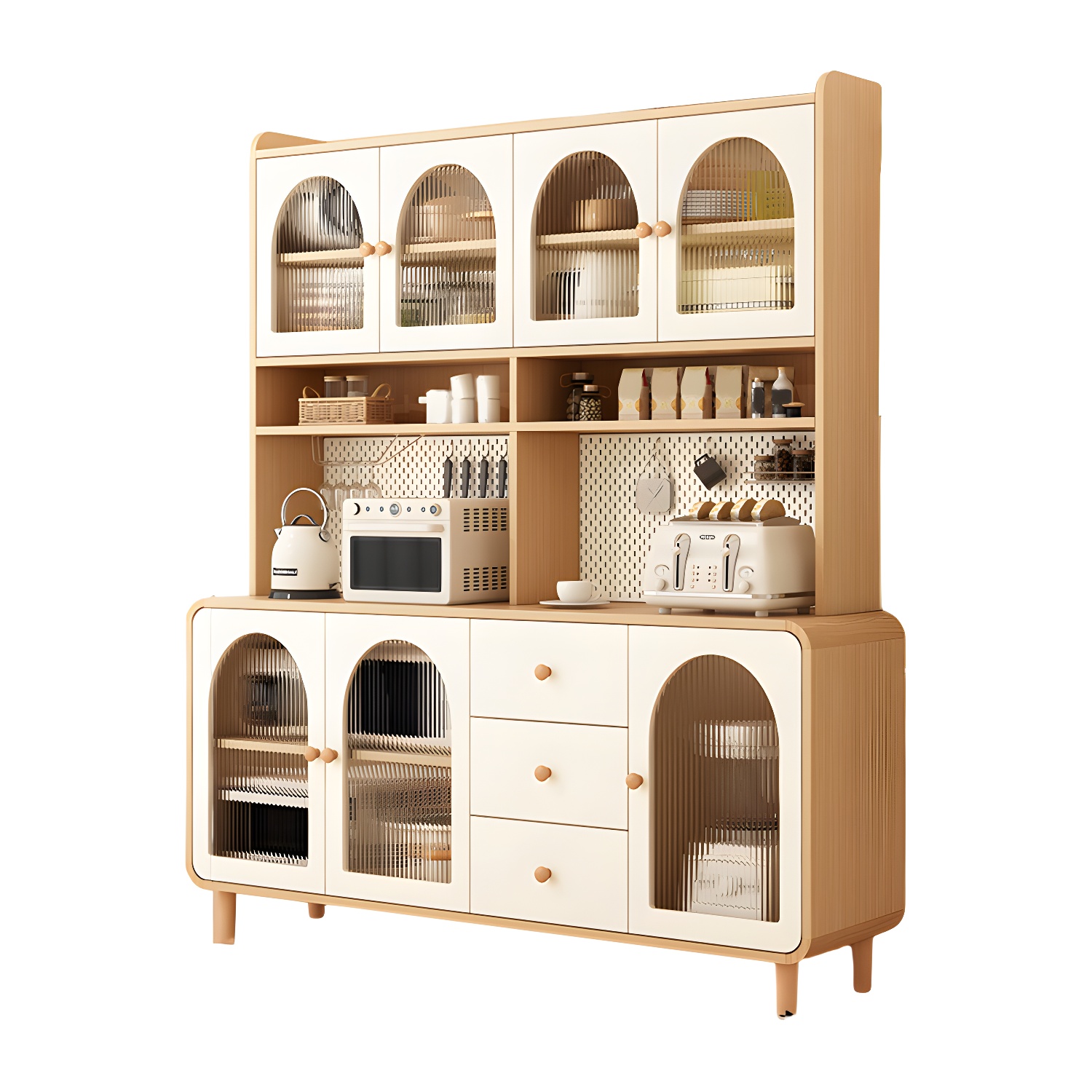 Scandinavian Wood Buffet 3 Cabinet Doors with Glass Interior Shelves - image 7