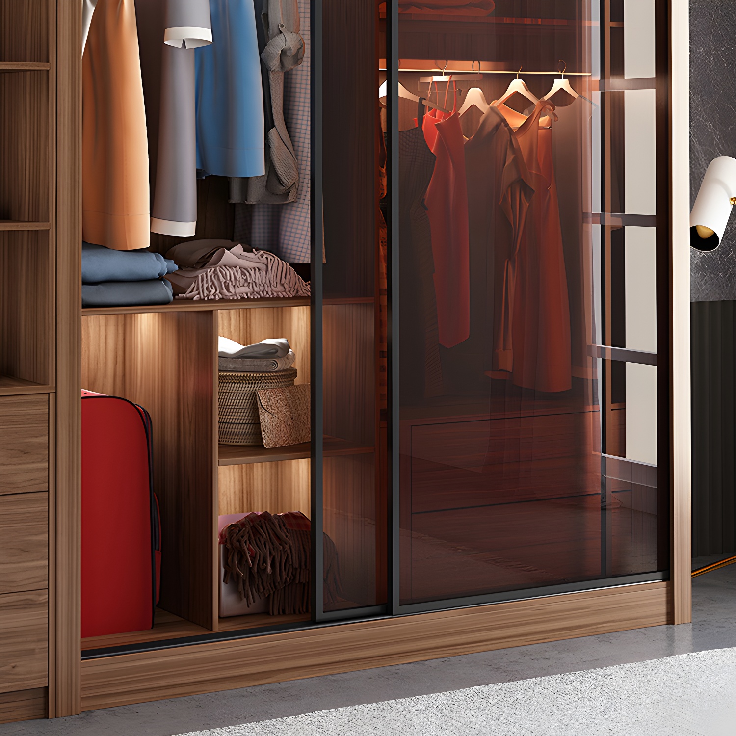 Bedroom Sliding Door Wardrobe Modern Brown Cabinet with Glass Doors - image 8