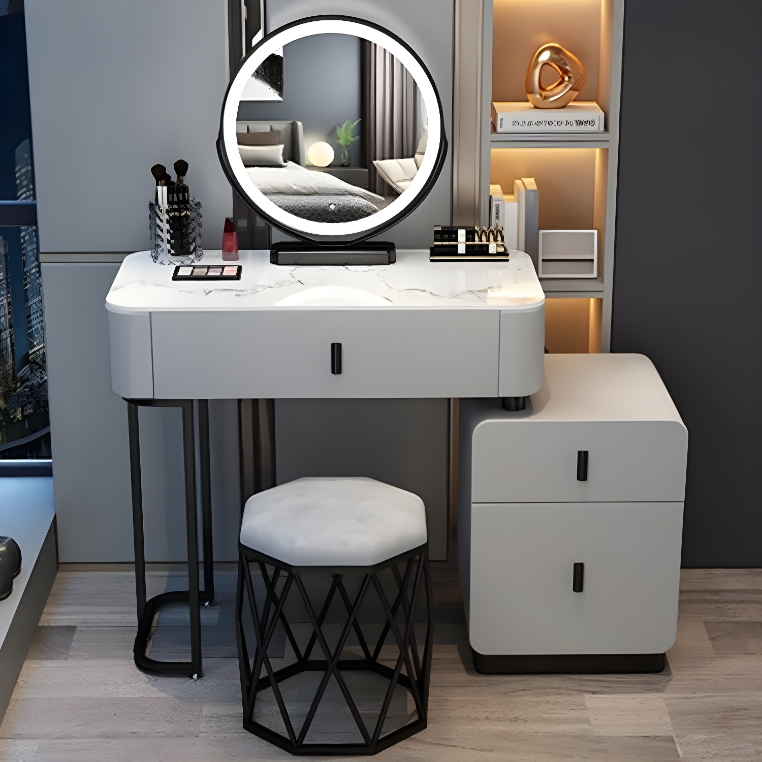 Modern Stone Top Makeup Vanity Desk with Solid Wood Storage Drawers - image 12