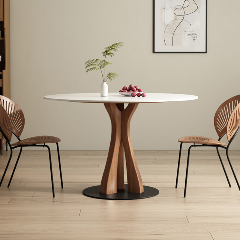 White Stone Round Modern Dining Table with Ash Wood Pedestal Base