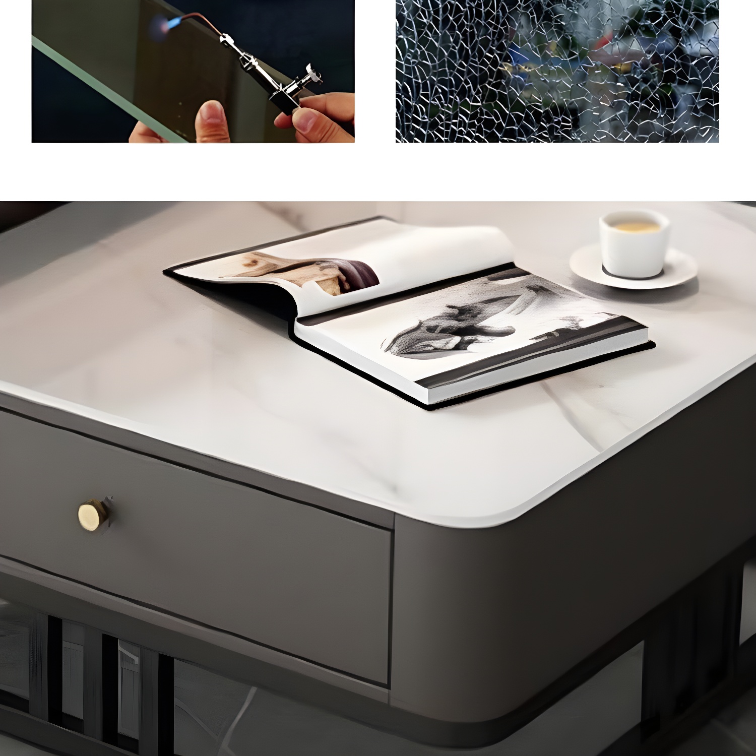 Modern Round Glass / Slate Cocktail Table Steel Frame Coffee Table with Drawer - image 12