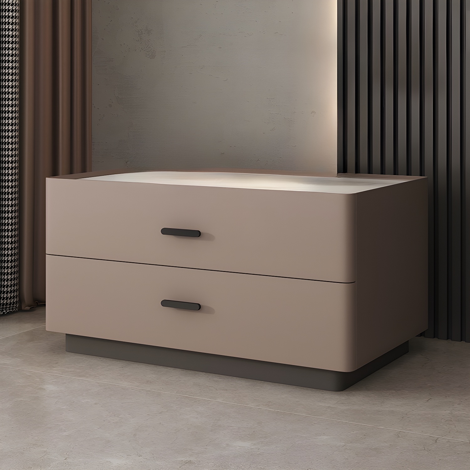 Elegant Two-Drawer Faux Leather Nightstand with Stone Countertop in Low Height for Modern Homes - image 5