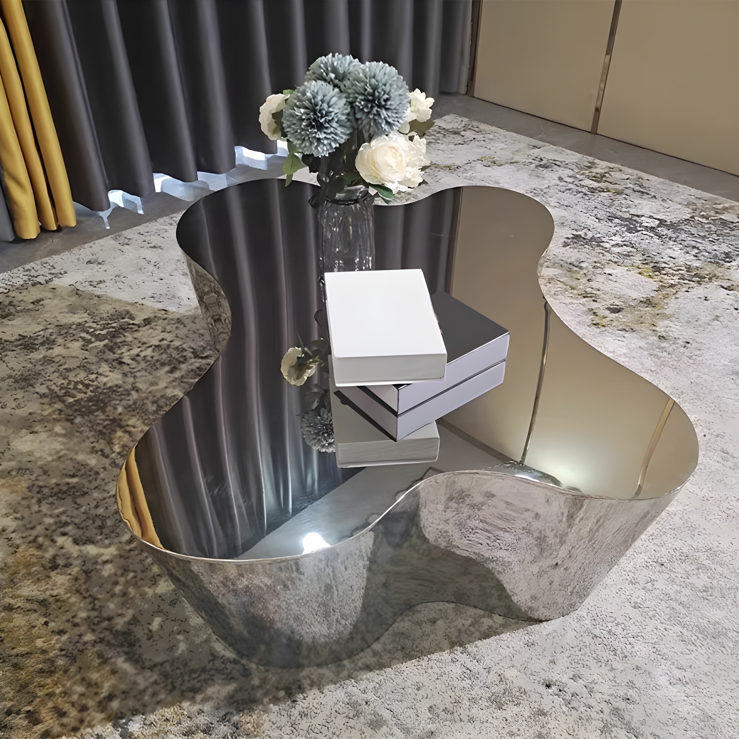 Silver Modern Coffee Table with Free Form Metal Top and Abstract Stainless Steel Base - image 3
