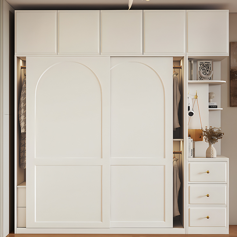 White Minimalist Wooden Wardrobe Closet with Soft Close Drawer, Soft Close Door, Interior Shelves, and Clothing Rod
