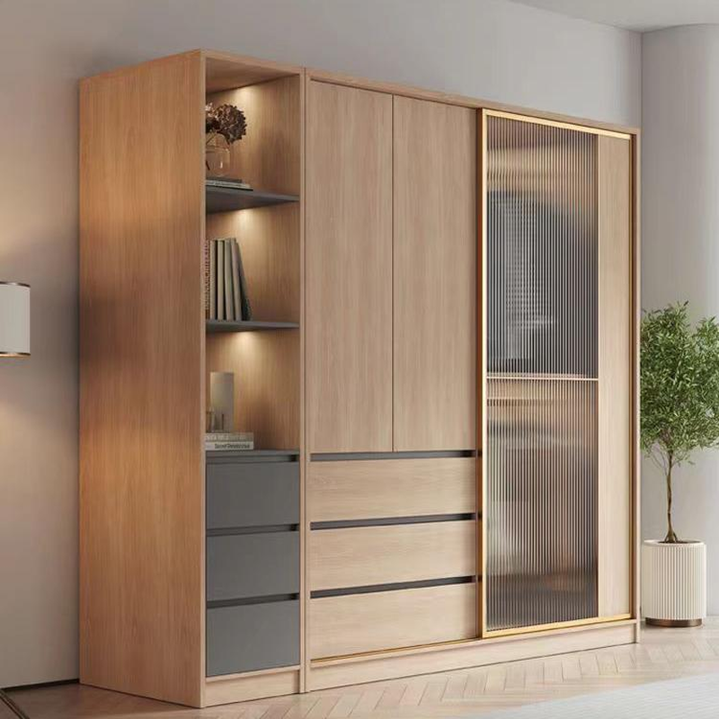 Natural Finish Art Deco Timber Wardrobe Armoire with Soft Close Drawer, Soft Close Door, Interior Shelves, and Clothing Rod