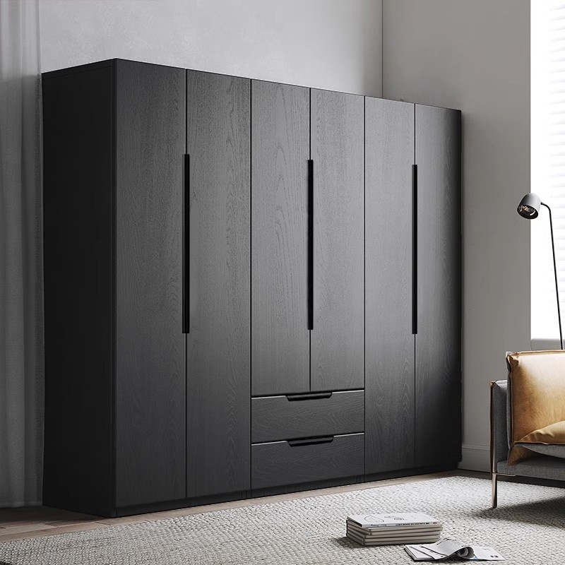 Midnight Black Simplistic Timber Wardrobe Closet with Soft Close Door, Interior Shelves, and Hanging Rod