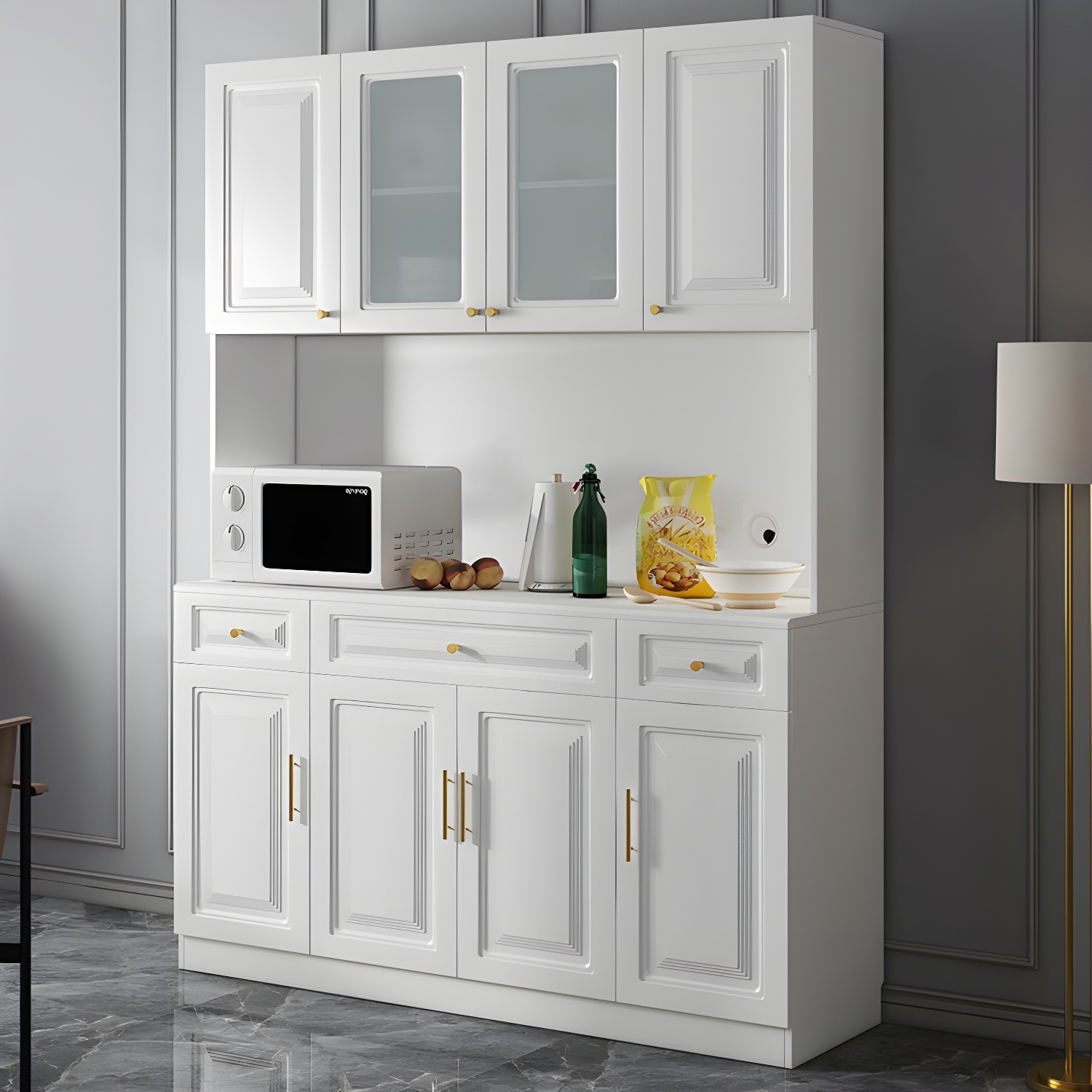 Glam White Wood Sideboard with Storage Cabinets and Included Adjustable Shelving