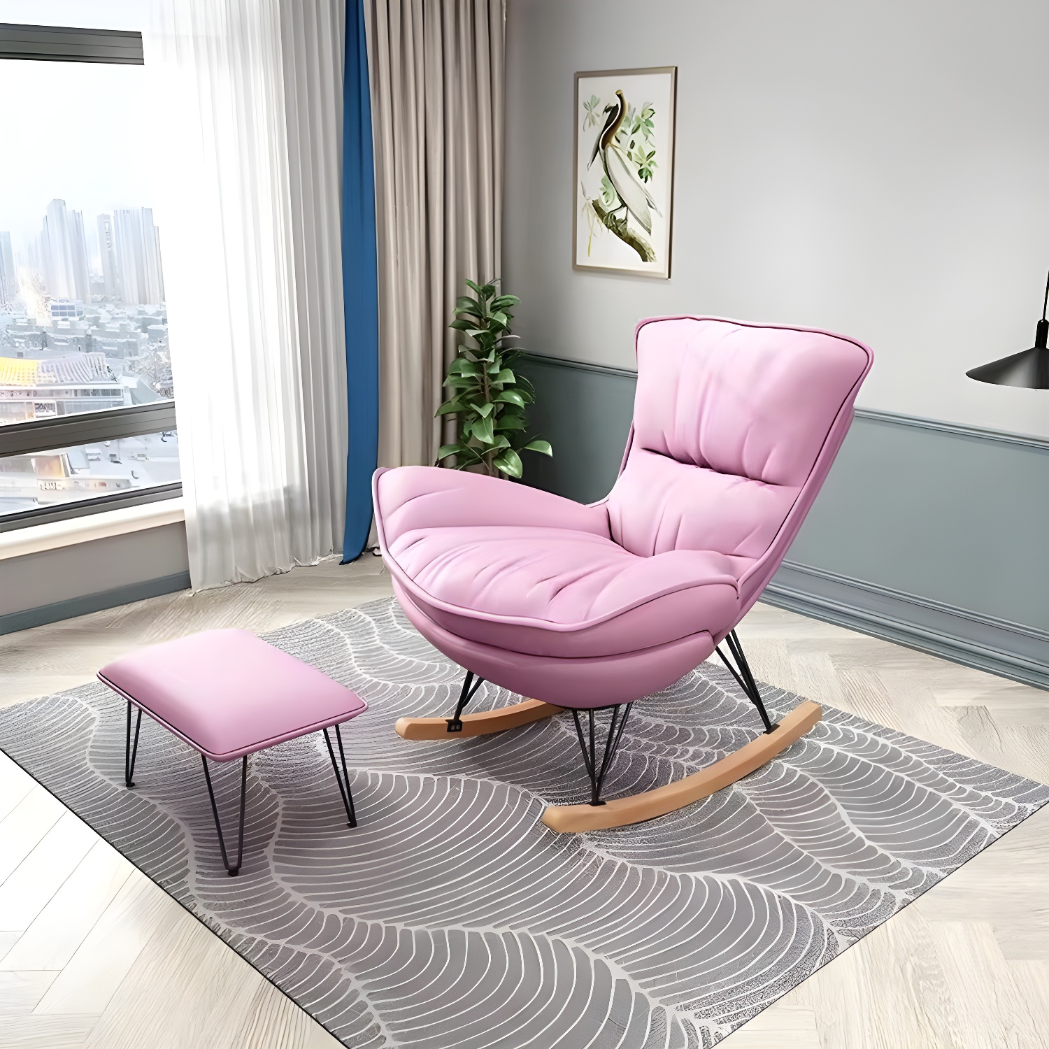Modern Glider Chair Solid Pure Color Faux Leather Rocker Chair with Ottoman - image 8