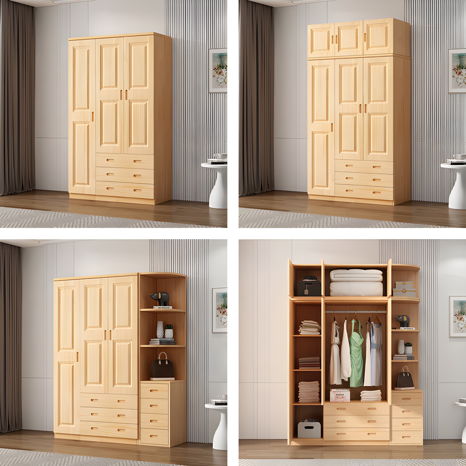 Modern Natural Pine Wardrobe Armoire with Drawers and Clothing Rod - image 12