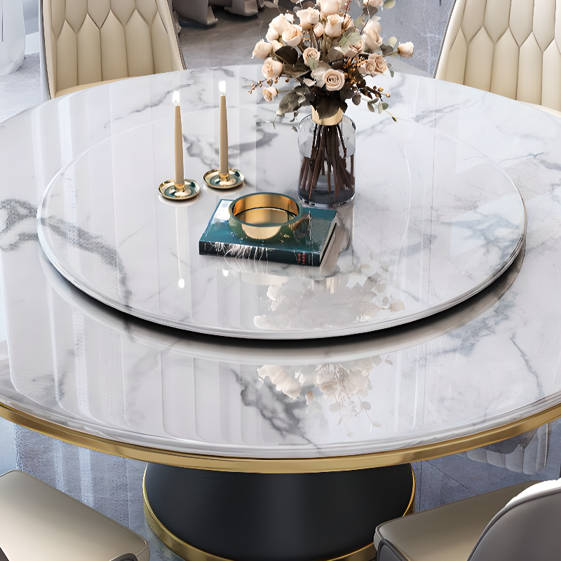 Circular Slate Dining Table Set with Pedestal Base, Upholstered Swivel Chairs, and Upholstered Back - image 5