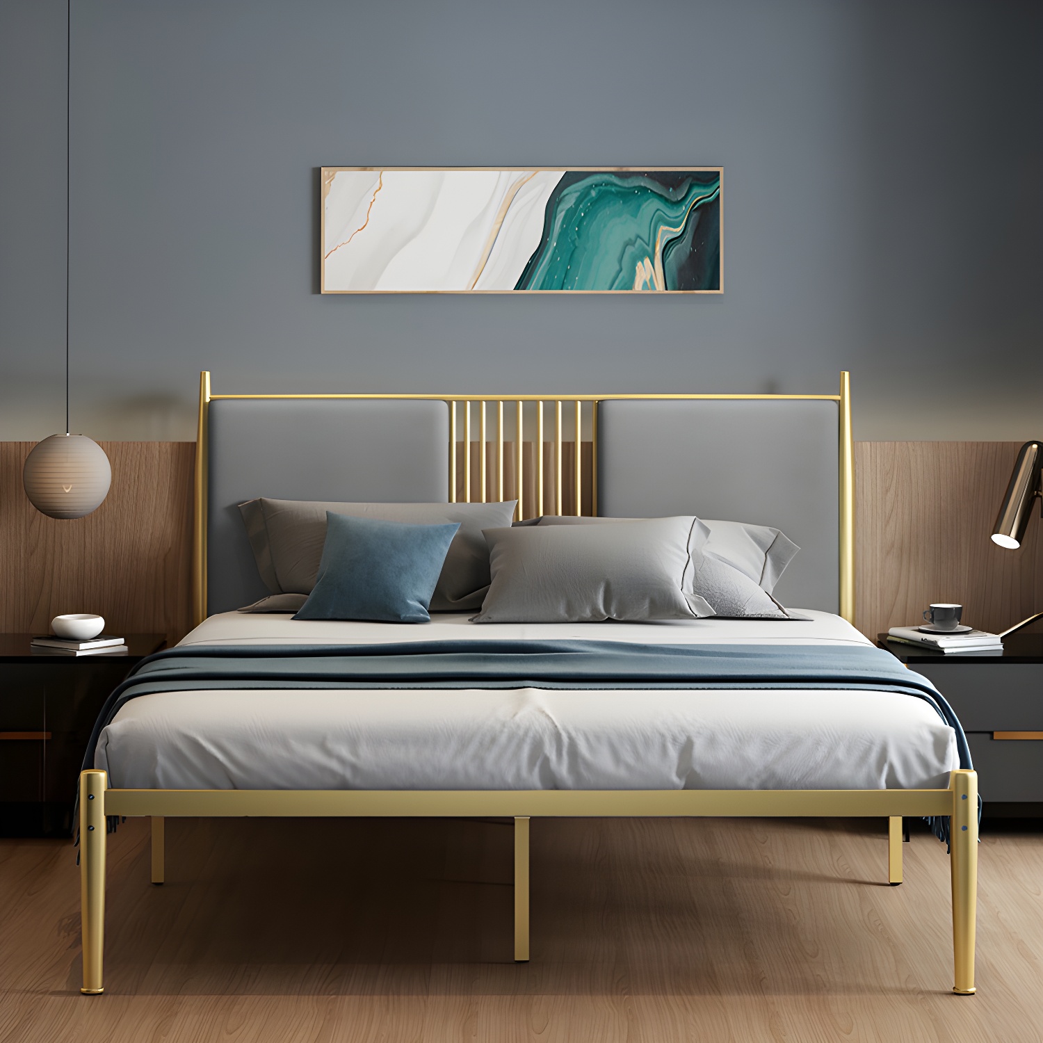 Golden Metal Bed Frame Set Glam 47.24" H Wire-Grid Open-Frame Bed with Headboard - image 3