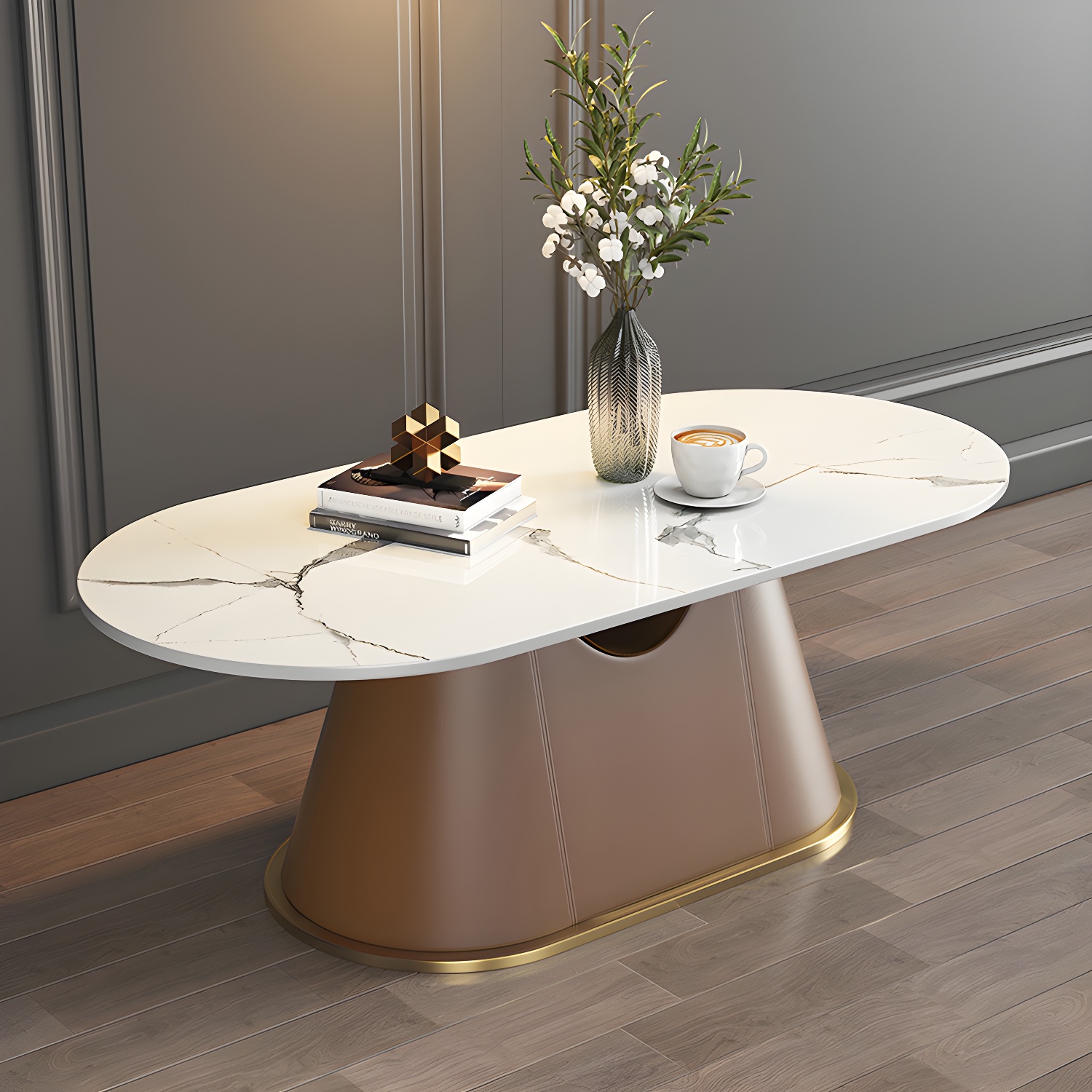 Glam Oval Stone Coffee Table with Pedestal Chrome Base - Scratch Resistant - image 4