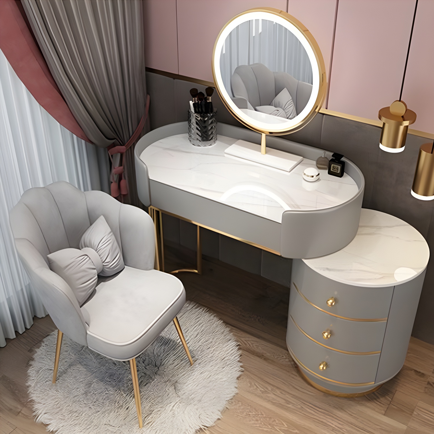 Contemporary Bedroom Metallic Lighted Mirror With Drawer Makeup Vanity Set
